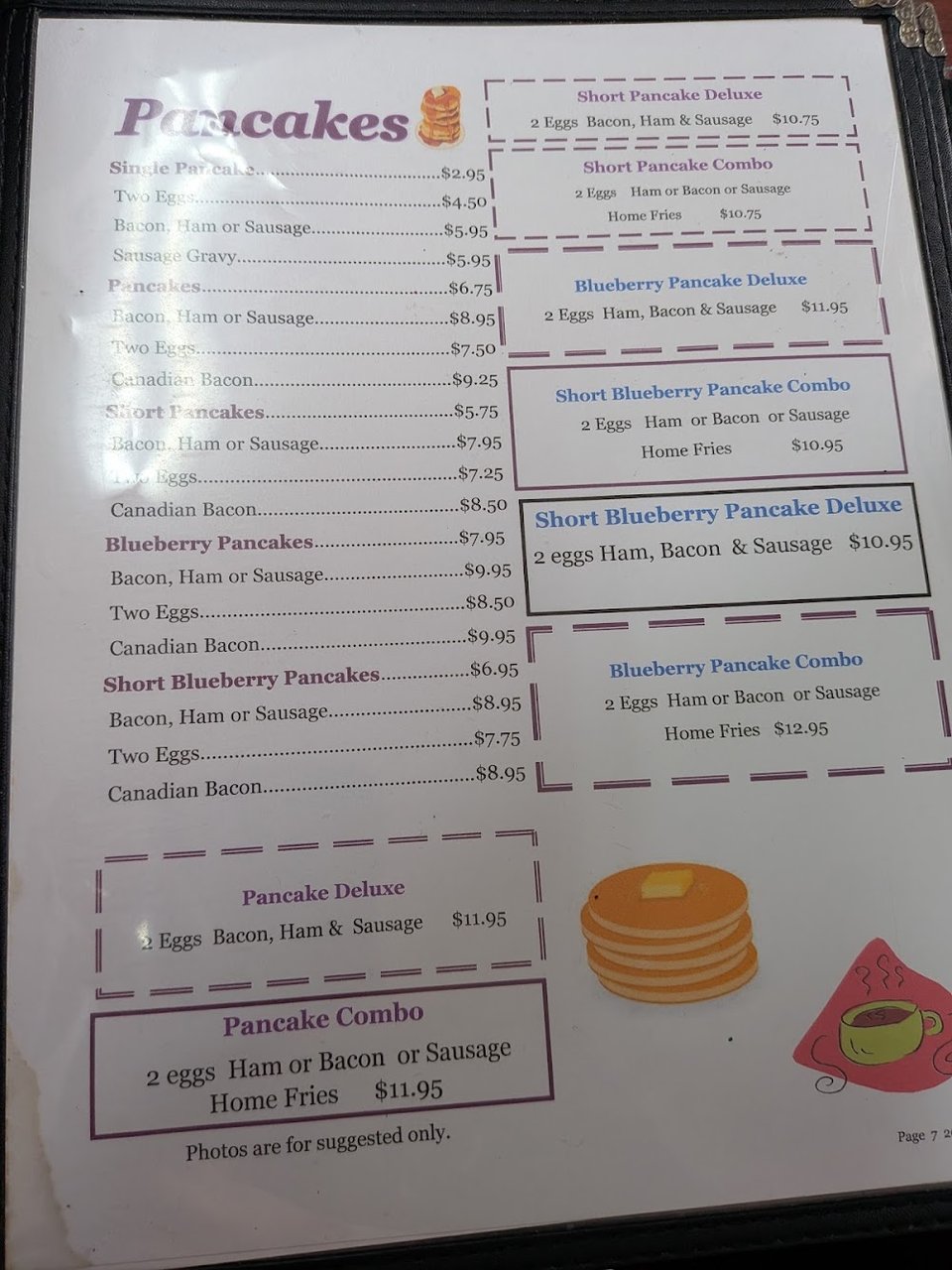 Breakfast menu with eggs and omelettes.